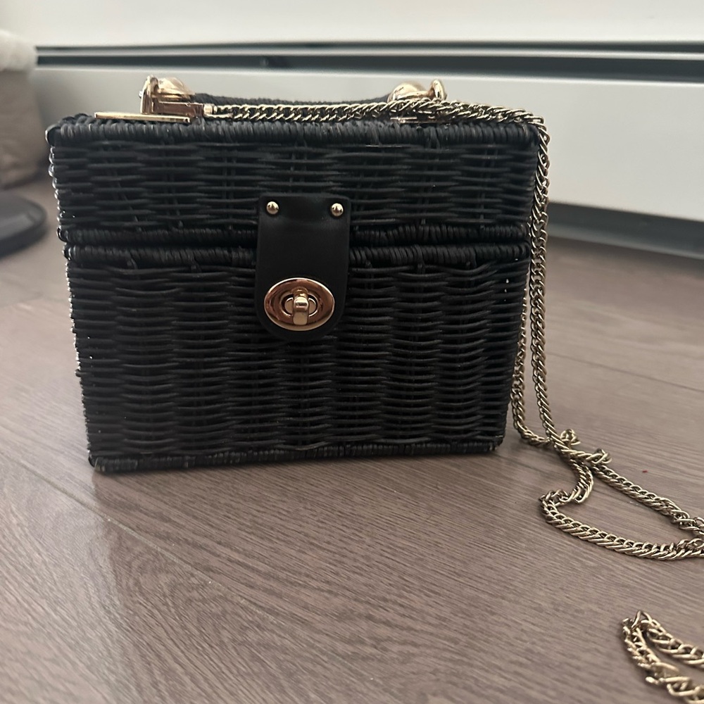 Zara Black Woven Crossbody Bag with Gold Chain